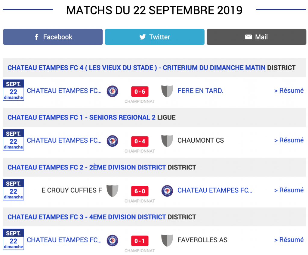 Grille des résultats des matchs de football du CTEFC du samedi 22 septembre 2019