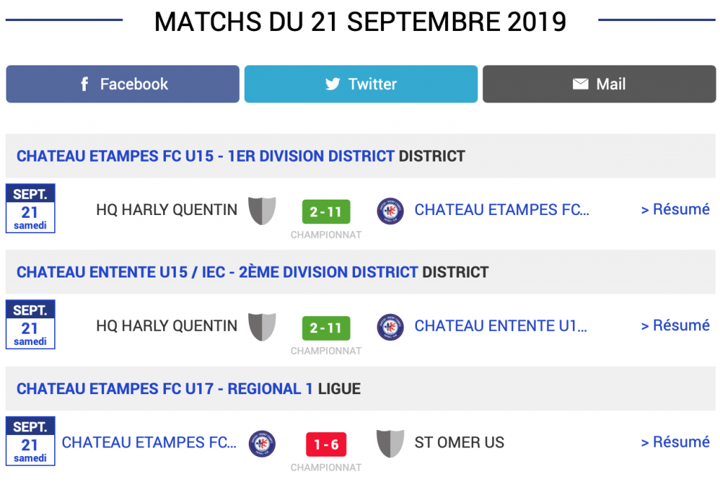 Grille des résultats des matchs de football du CTEFC du samedi 21 septembre 2019
